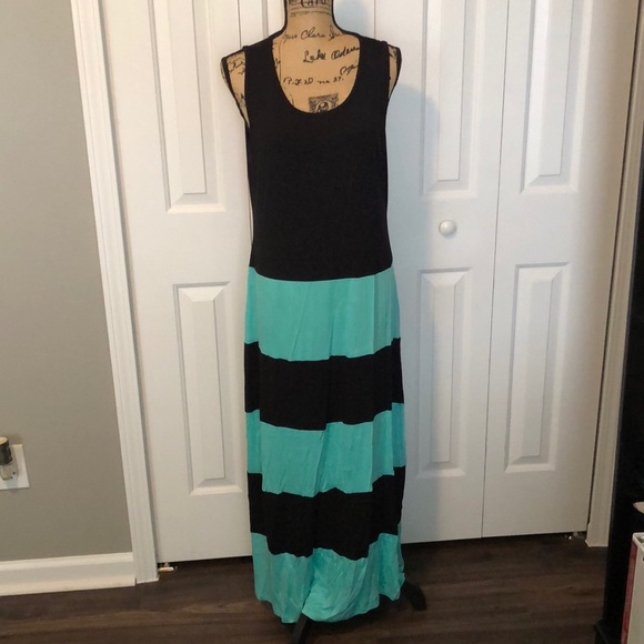NWOT The Hanger Black/Turquoise Stripe Maxi Dress - Picture 1 of 6